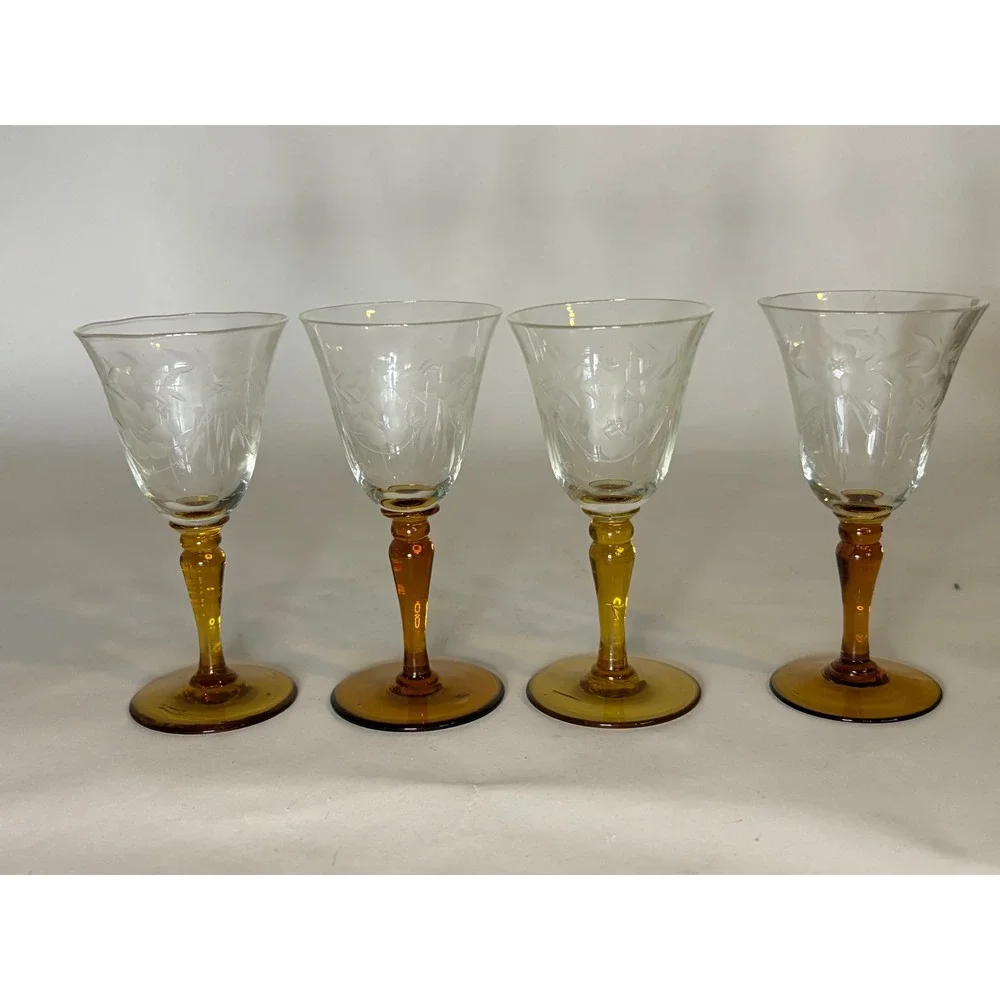 Set of 4 Vintage Etched Victorian Cordial Aperitif Glasses Ember Stems Barware